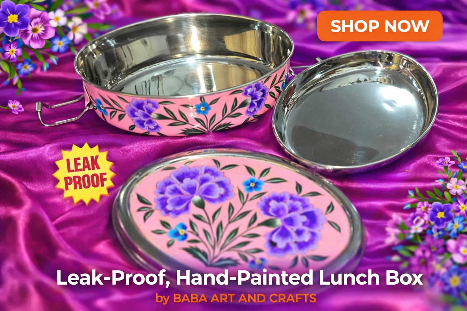 Single Tier Oval Hand-Painted Stainless Steel Lunch BoxSingle tier oval hand-painted stainless steel lunch box from Kashmir, leak-proof and lead-free enamelware handicraft
